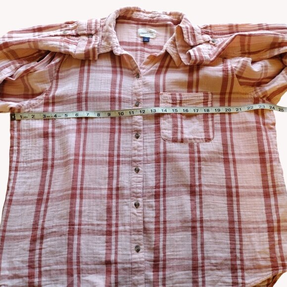 Universal Thread Top XL Plaid Button Up Pocket Long Sleeve Salmon Pink - Picture 4 of 11